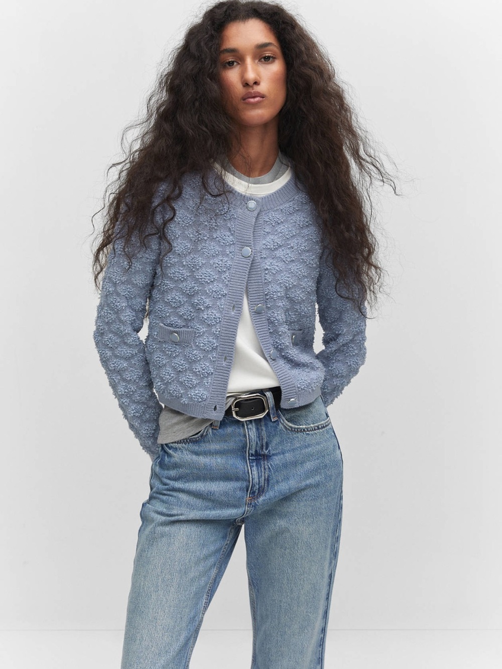 Mango Blue Textured Button Cardigan- XS